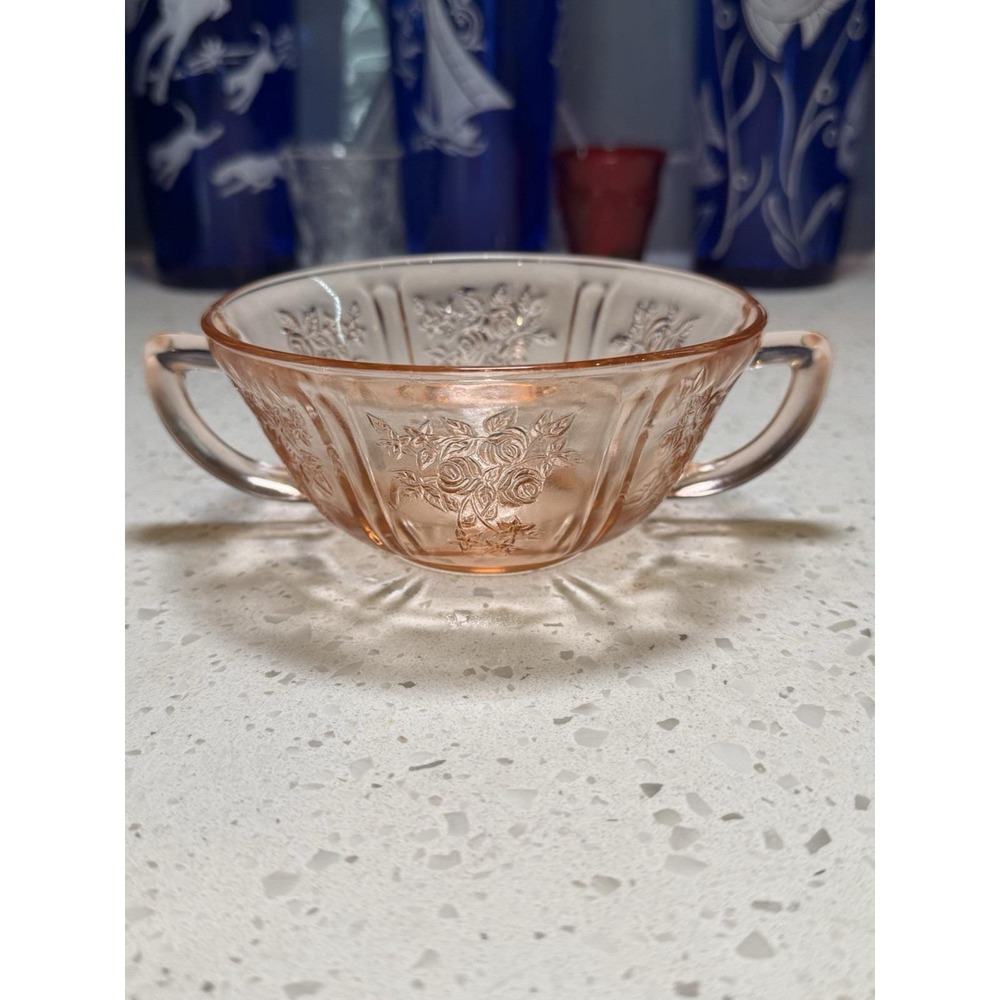 Federal Sharon Cabbage Rose Pink Handled Cream Soup Bowl Depression Glass
